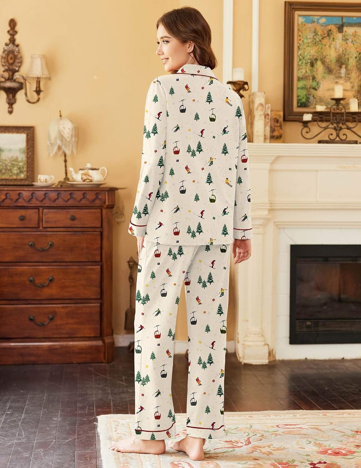 image:imageEkouaer Womens Pajamas Set Cotton Long Sleeve Button Up 2 Piece Lounge PjsChristmas Apricot