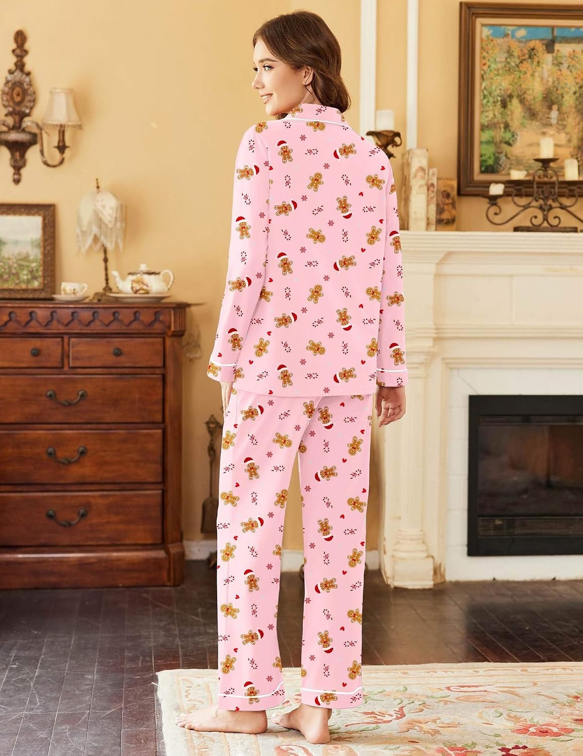 image:imageEkouaer Womens Pajamas Set Cotton Long Sleeve Button Up 2 Piece Lounge PjsChristmas Pink