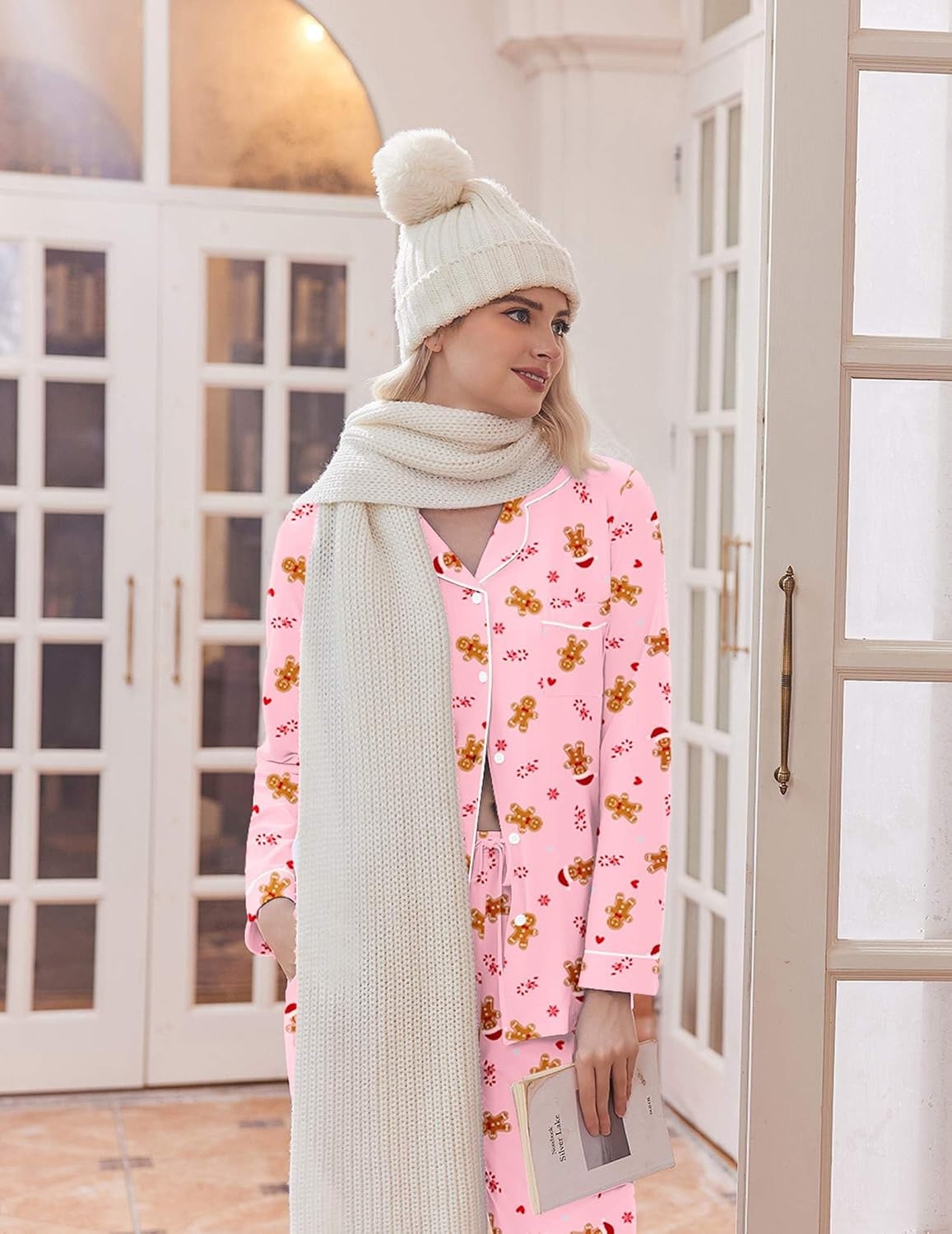 image:imageEkouaer Womens Pajamas Set Cotton Long Sleeve Button Up 2 Piece Lounge PjsChristmas Pink