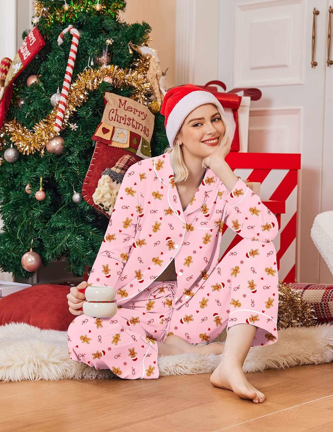 image:imageEkouaer Womens Pajamas Set Cotton Long Sleeve Button Up 2 Piece Lounge PjsChristmas Pink