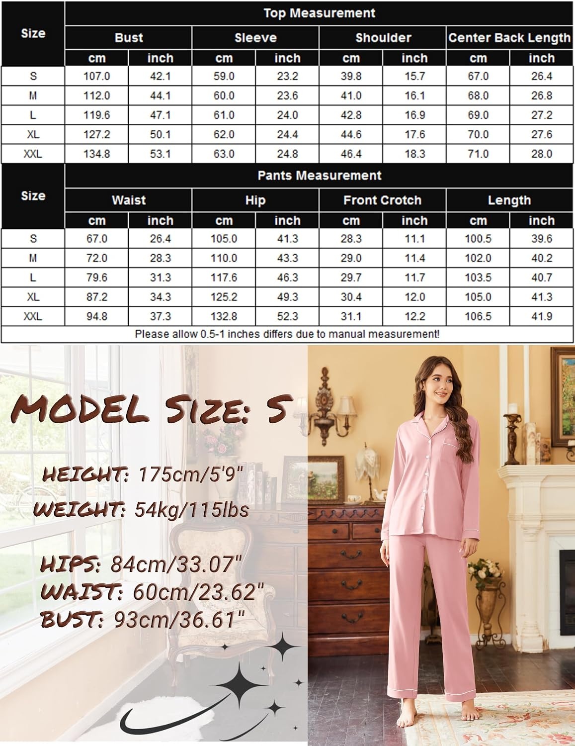 image:imageEkouaer Womens Pajamas Set Cotton Long Sleeve Button Up 2 Piece Lounge PjsDark Pink