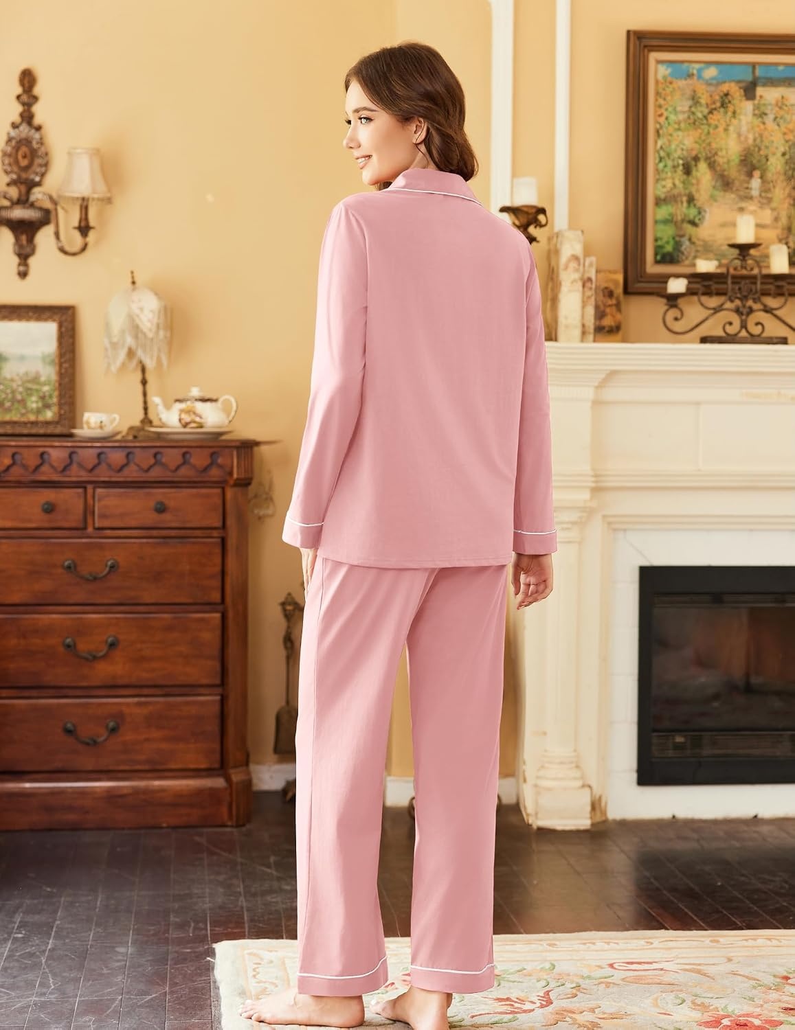 image:imageEkouaer Womens Pajamas Set Cotton Long Sleeve Button Up 2 Piece Lounge PjsDark Pink