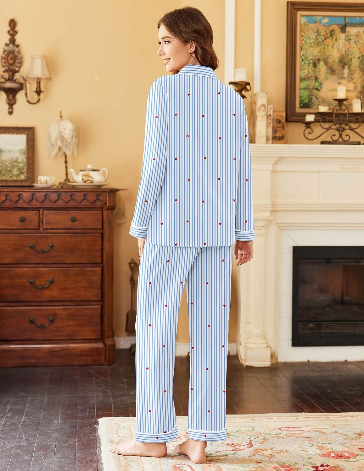 image:imageEkouaer Womens Pajamas Set Cotton Long Sleeve Button Up 2 Piece Lounge PjsStriped Blue Heart