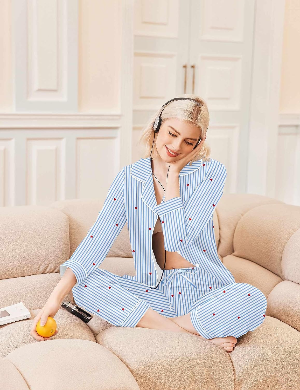 image:imageEkouaer Womens Pajamas Set Cotton Long Sleeve Button Up 2 Piece Lounge PjsStriped Blue Heart