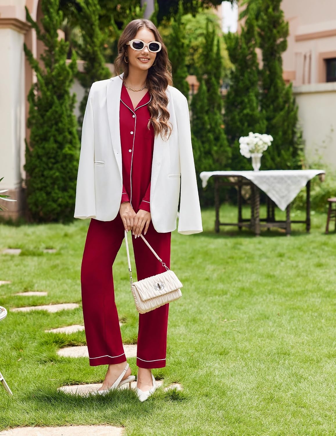 image:imageEkouaer Womens Pajamas Set Cotton Long Sleeve Button Up 2 Piece Lounge PjsWine