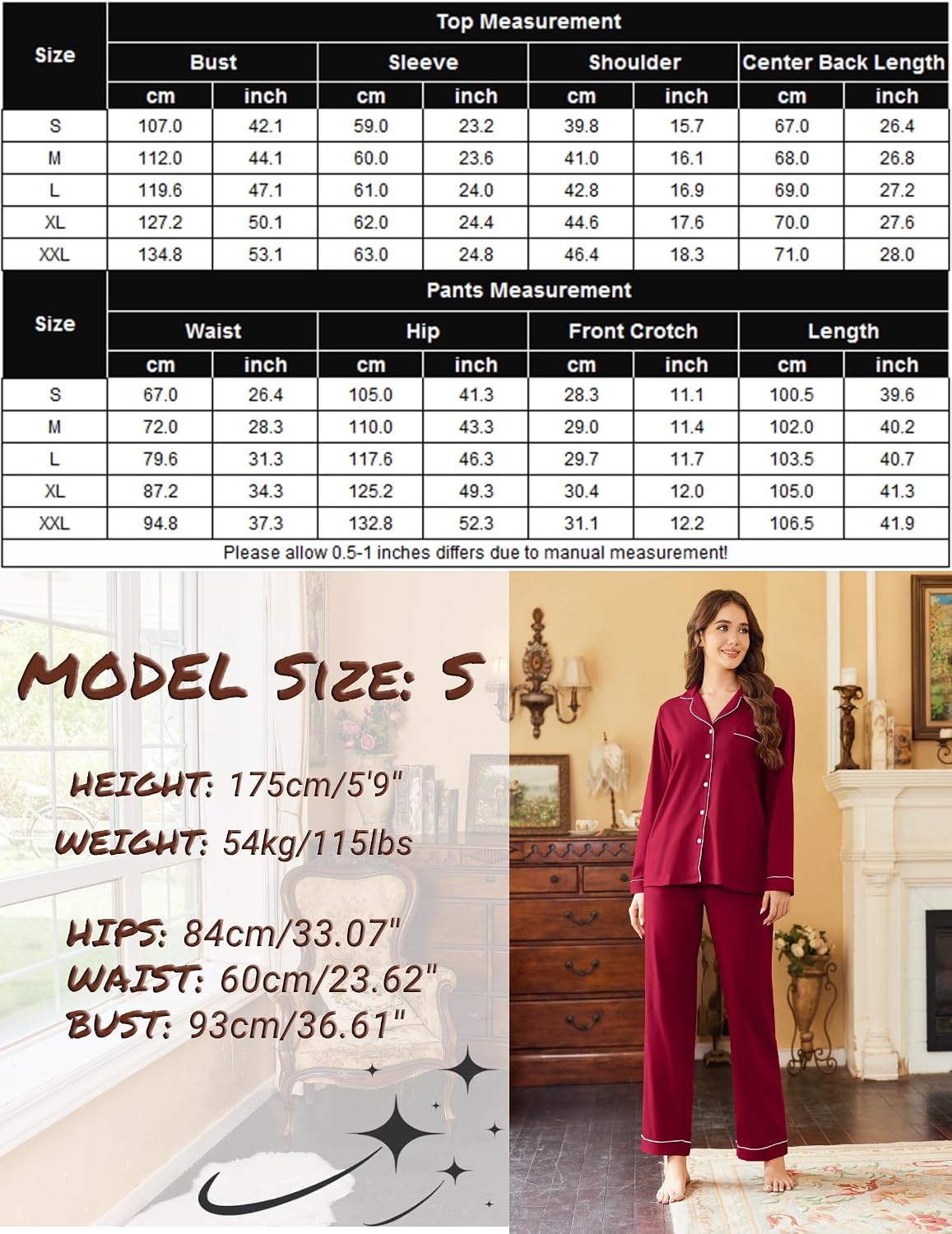 image:imageEkouaer Womens Pajamas Set Cotton Long Sleeve Button Up 2 Piece Lounge PjsWine