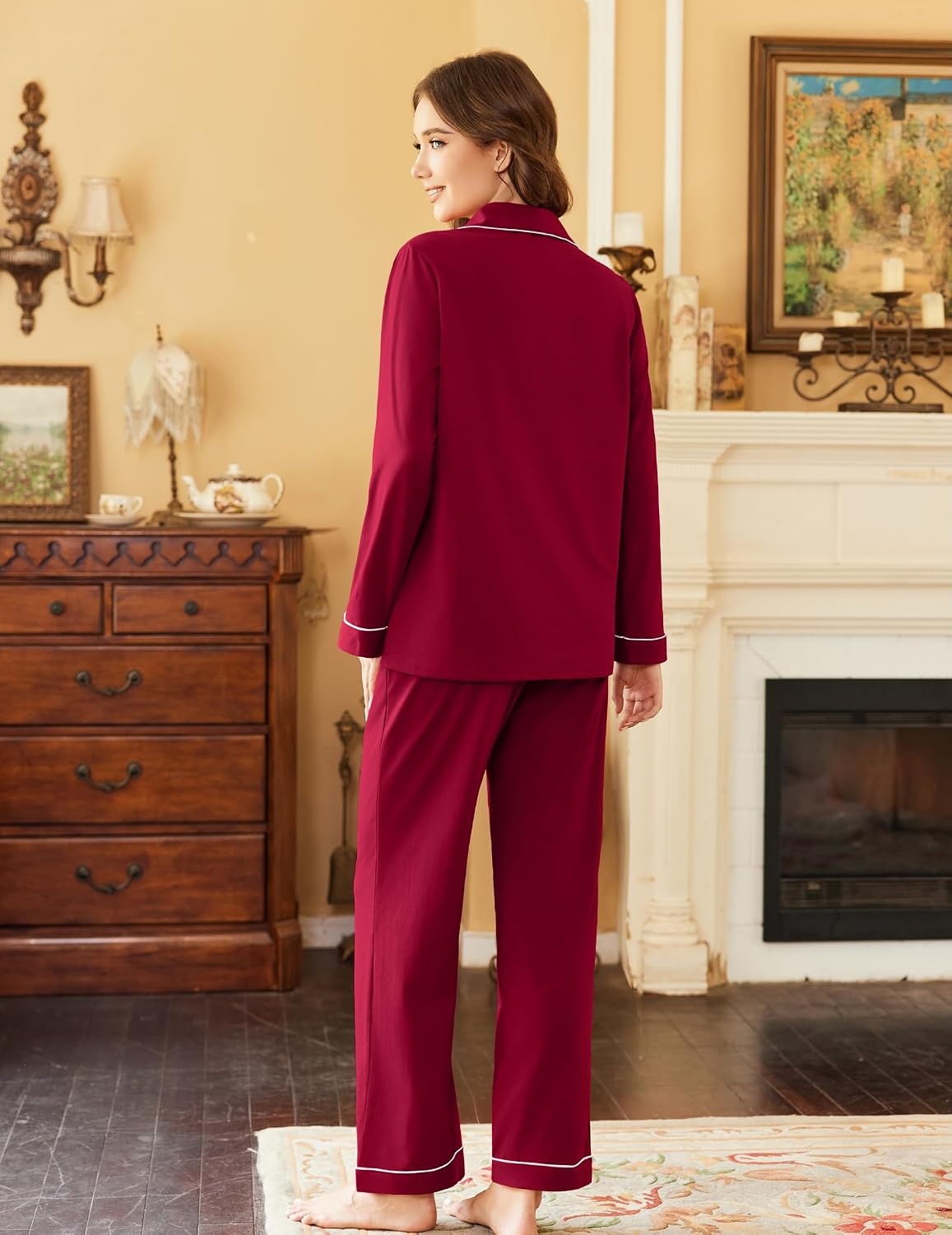 image:imageEkouaer Womens Pajamas Set Cotton Long Sleeve Button Up 2 Piece Lounge PjsWine