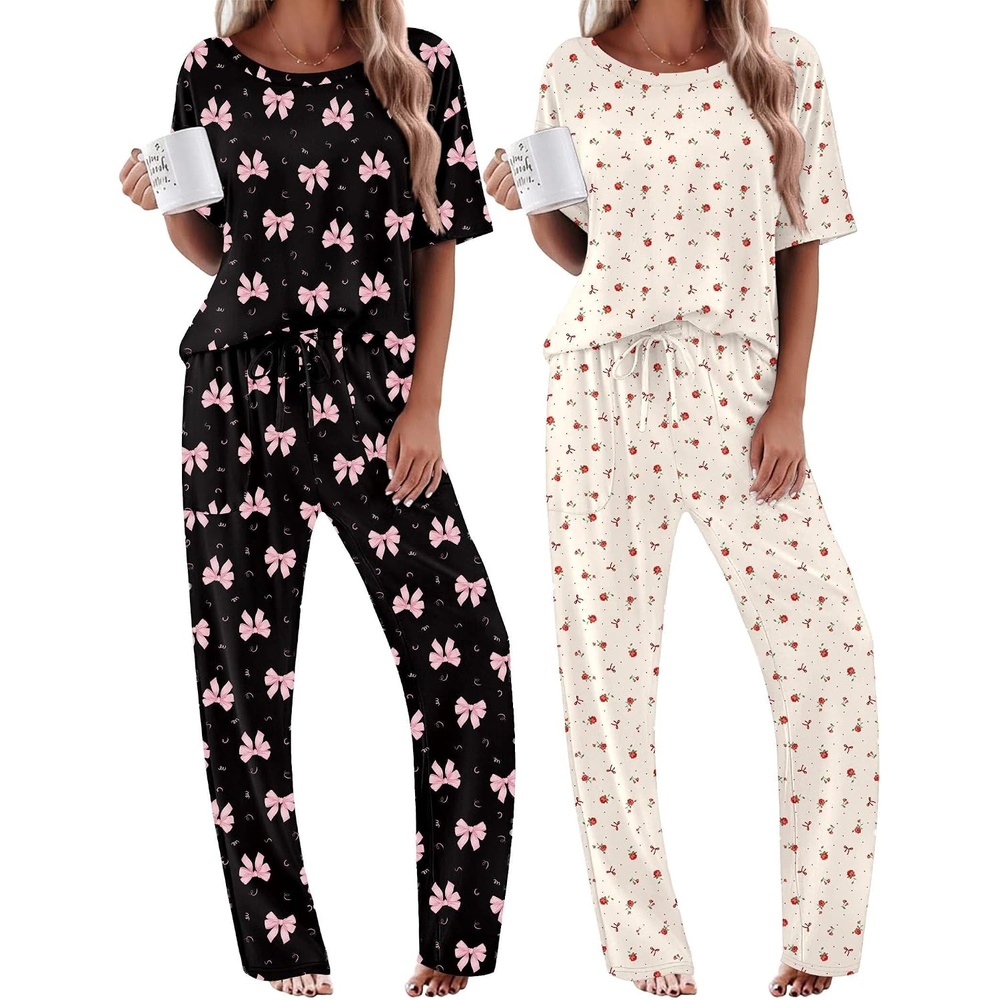 image:imageEkouaer 2 Pack Womens Pajamas Sets Short Sleeve Long Pants Pjs Lounge SetBlack BowApricot Floral Print