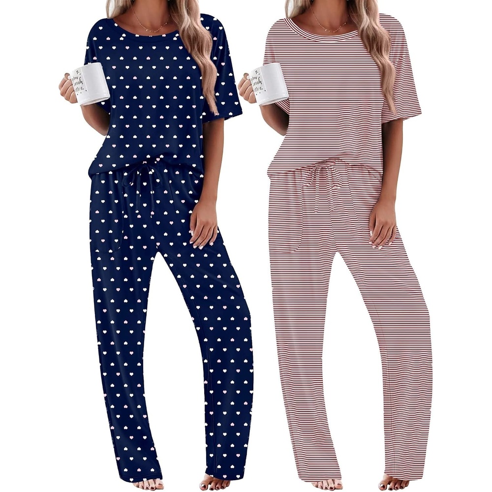 image:imageEkouaer 2 Pack Womens Pajamas Sets Short Sleeve Long Pants Pjs Lounge SetHeart PrintRed Striped