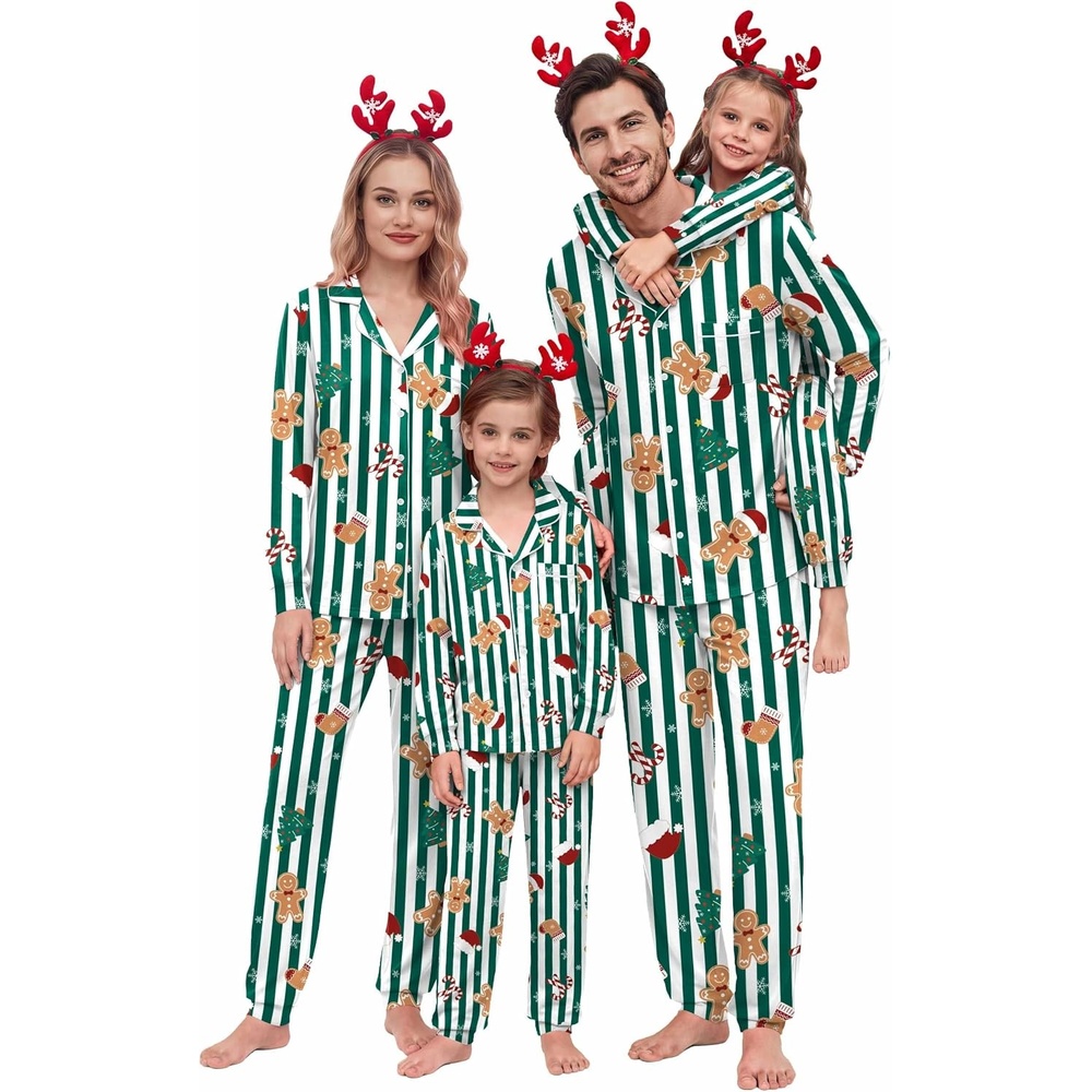 image:imageEkouaer Christmas Family Pajamas Matching Sets Long Sleeve Button Up PjsDark Green Striped Santa Hat