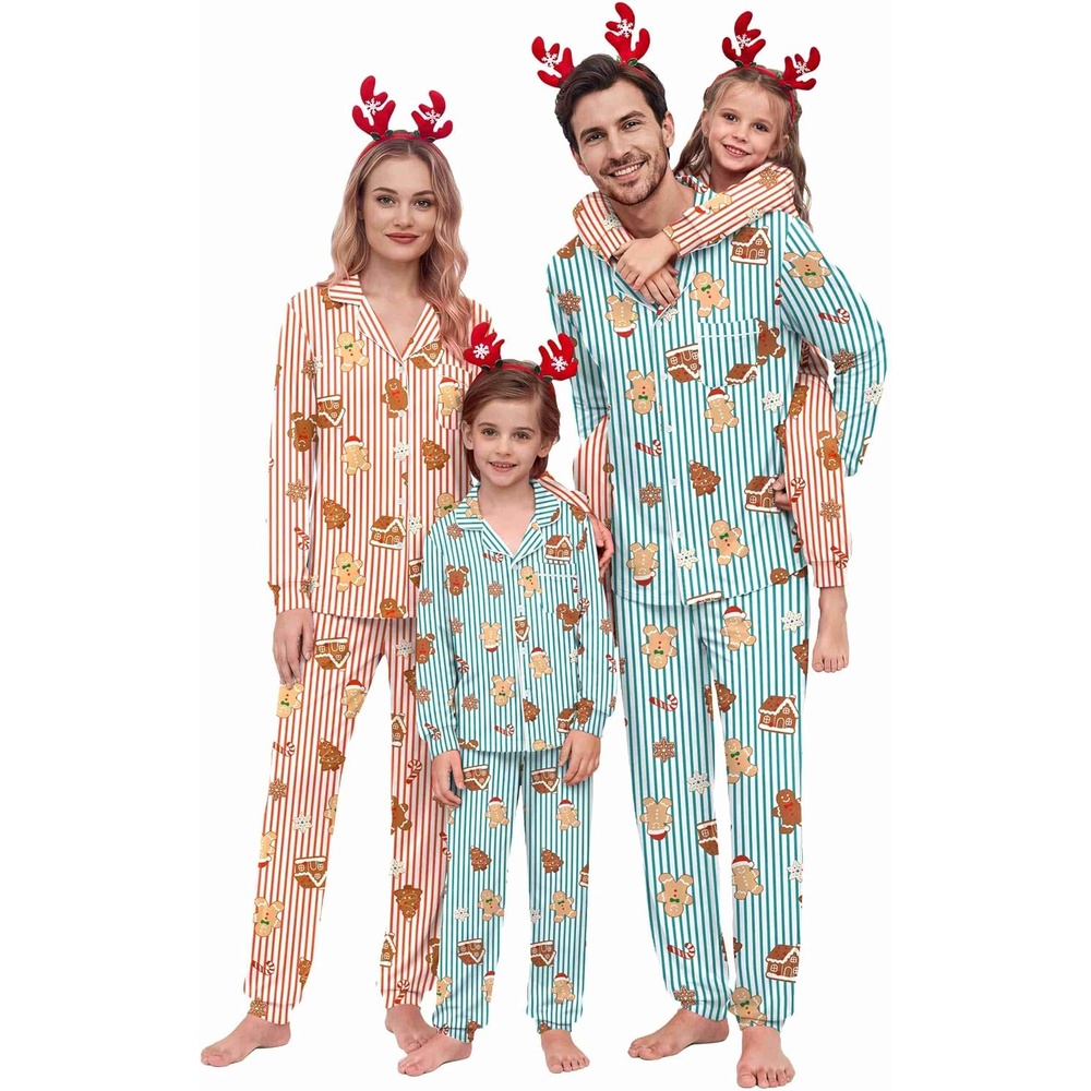 image:imageEkouaer Christmas Family Pajamas Matching Sets Long Sleeve Button Up PjsRed Striped Gingerbread
