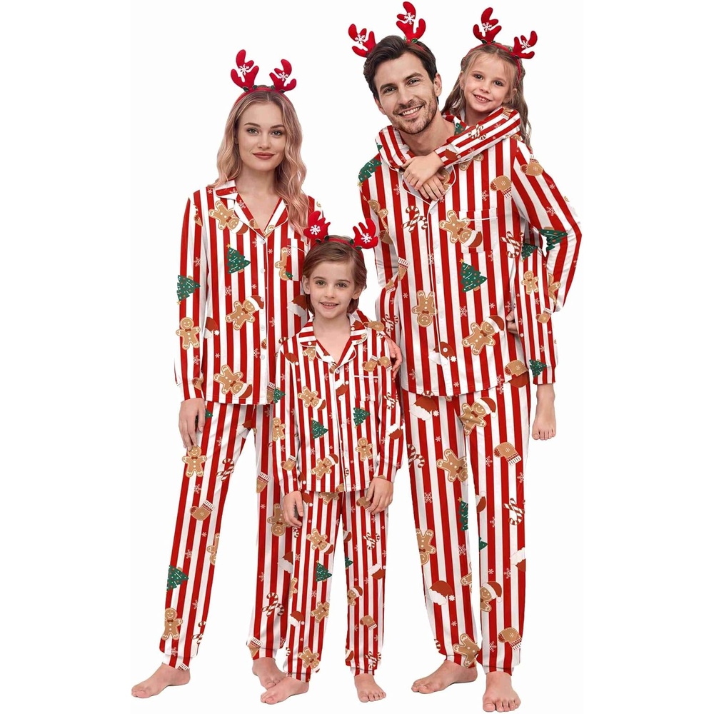 image:imageEkouaer Christmas Family Pajamas Matching Sets Long Sleeve Button Up PjsRed Striped Santa Hat