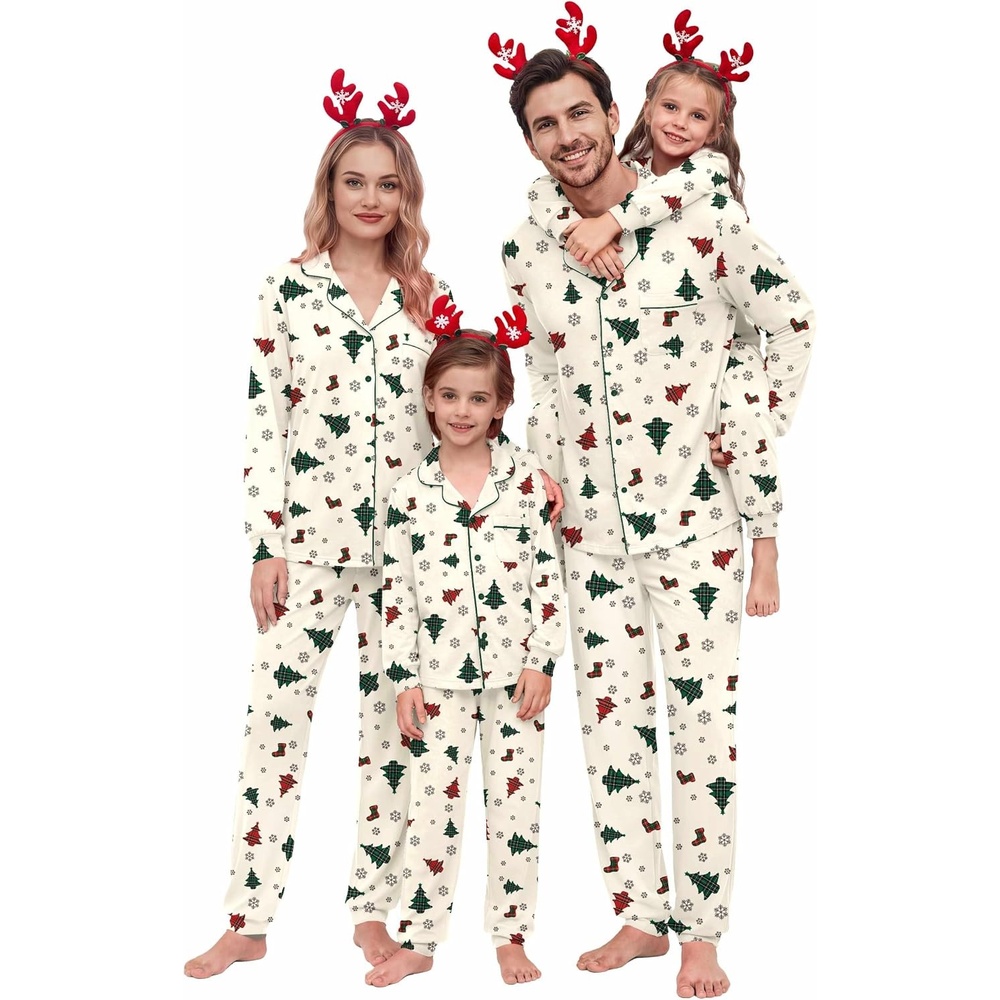 image:imageEkouaer Christmas Family Pajamas Matching Sets Long Sleeve Button Up PjsWhite Plaid Tree