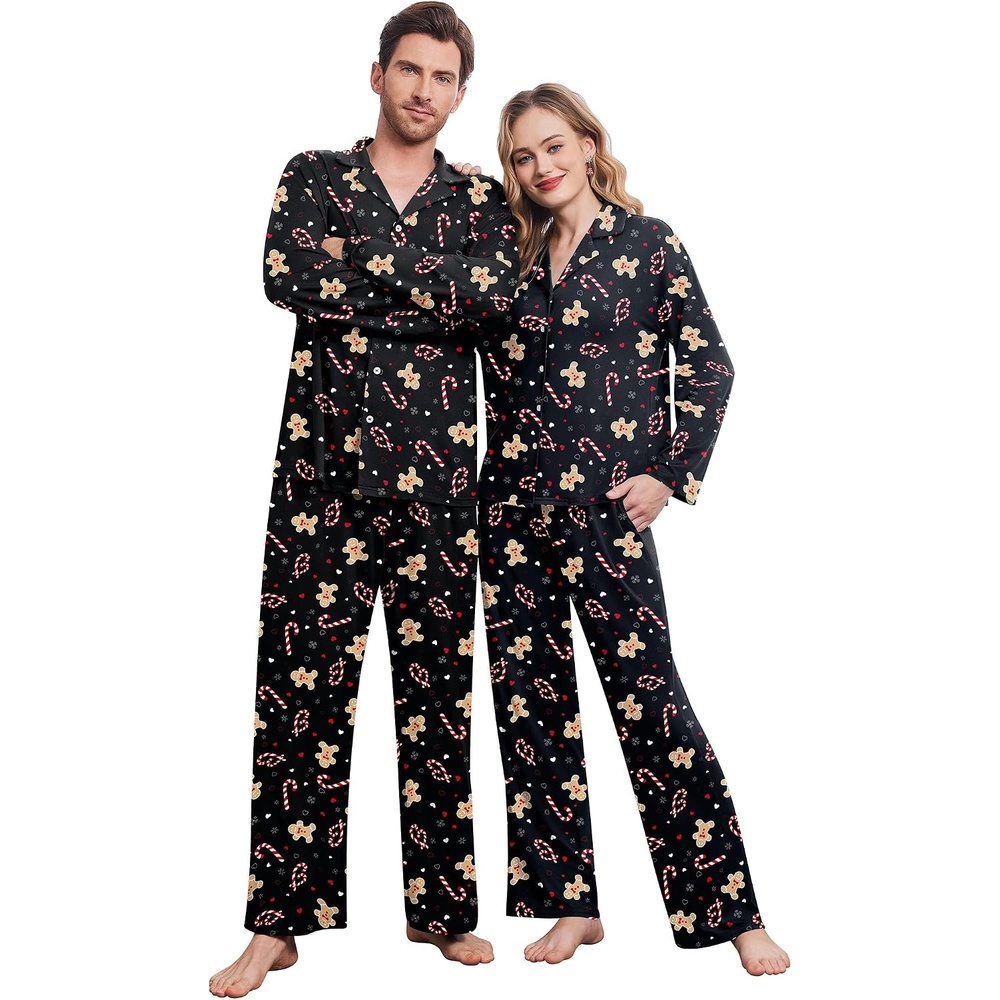 image:imageEkouaer Couple Matching Pajamas Sets Long Sleeve Button Down SleepwearBlack Gingerbread