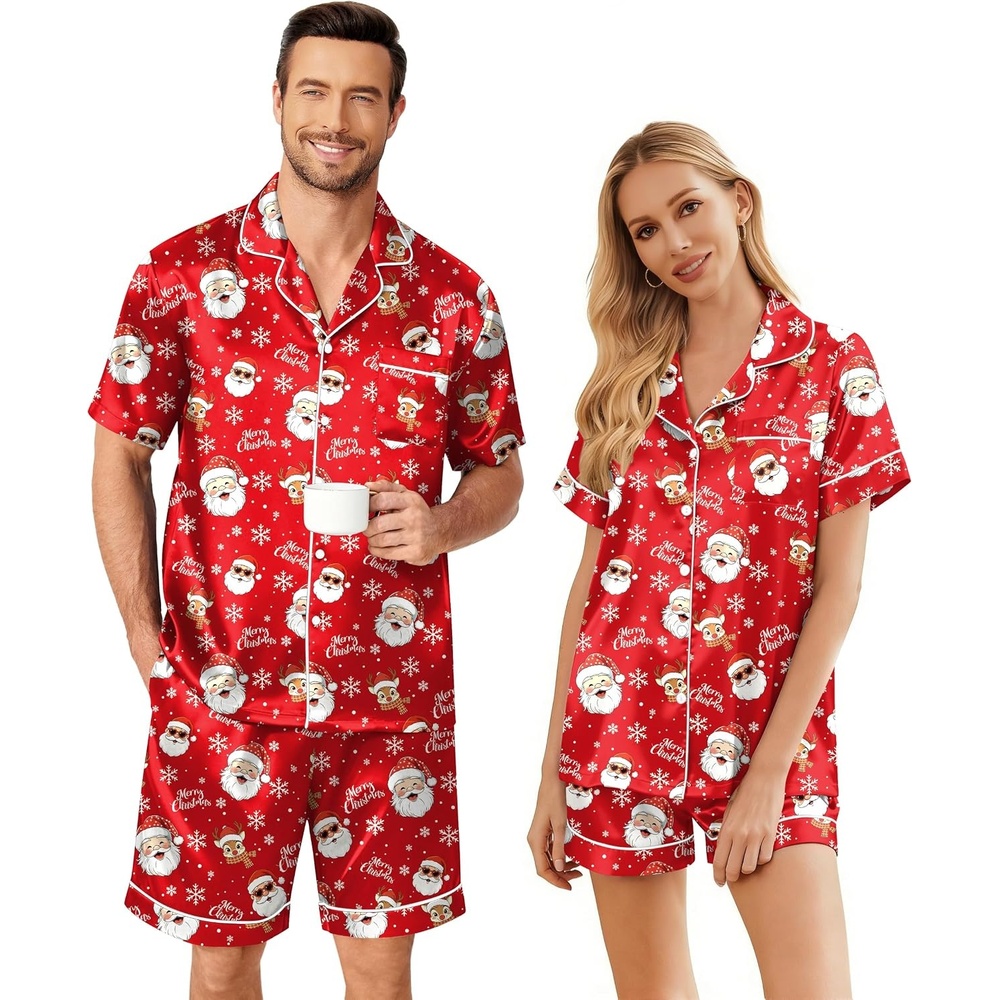 image:imageEkouaer Couple Matching Pajamas Sets Silk Short Sleeve Button Up SleepwearChristmas Red