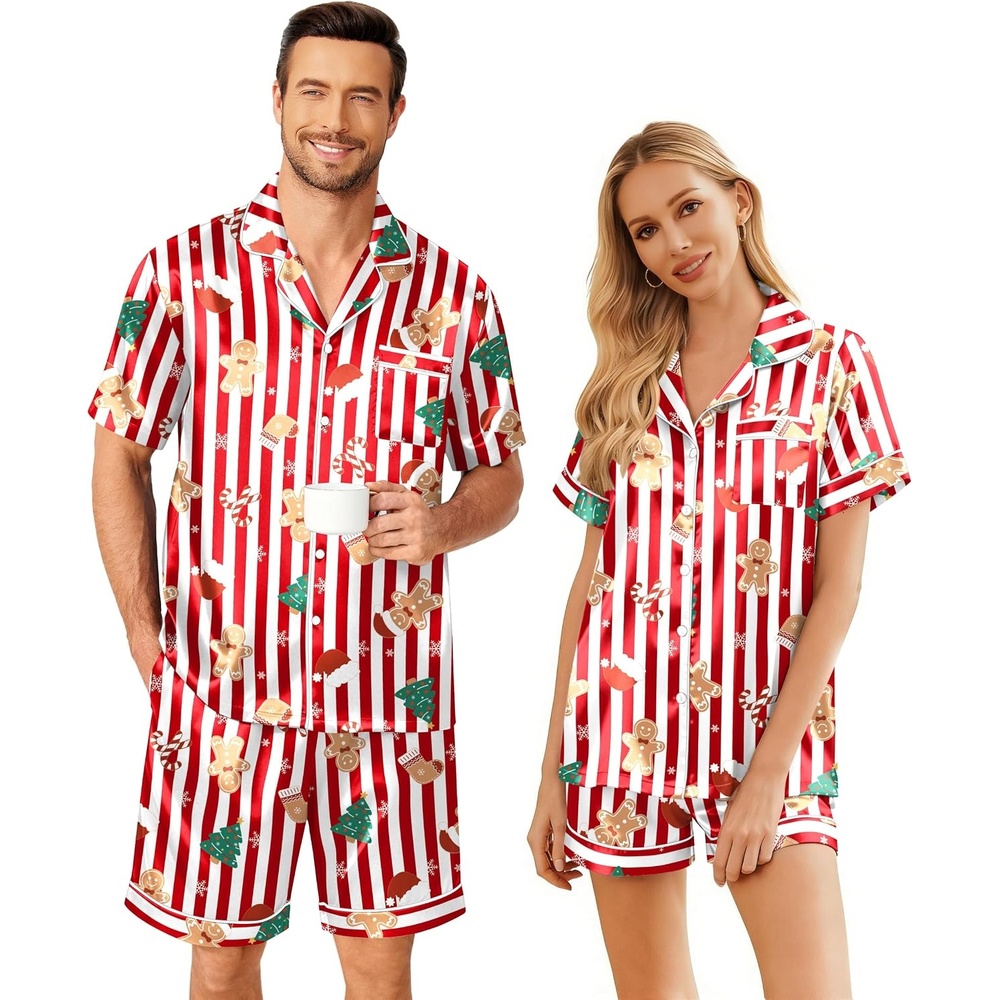 image:imageEkouaer Couple Matching Pajamas Sets Silk Short Sleeve Button Up SleepwearChristmas Striped