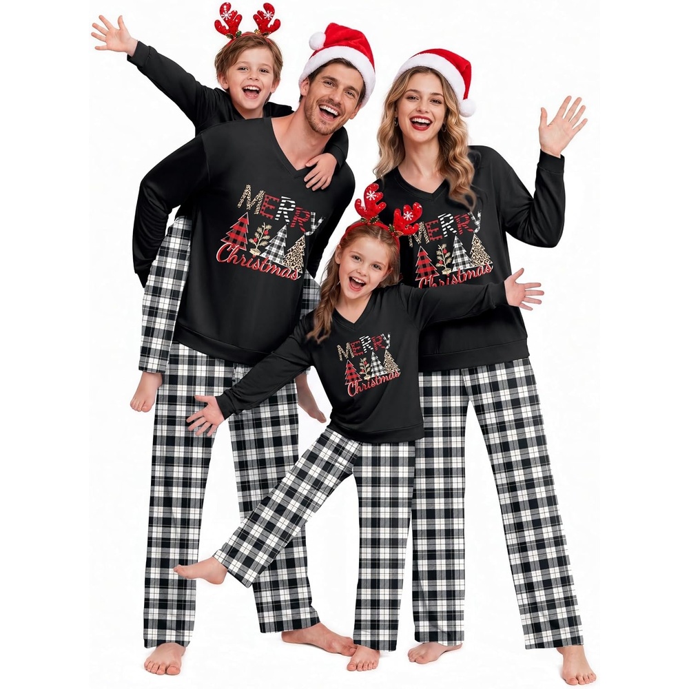 image:imageEkouaer Family Christmas Pajamas Matching Sets Couple Pjs Holiday SleepwearBlack Plaid Merry Christmas