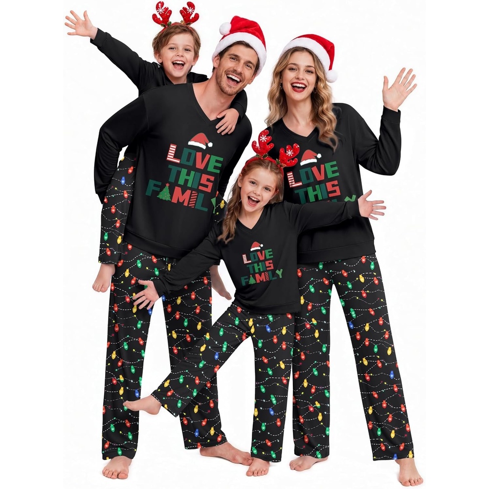 image:imageEkouaer Family Christmas Pajamas Matching Sets Couple Pjs Holiday SleepwearBlack Xmas Family Lights
