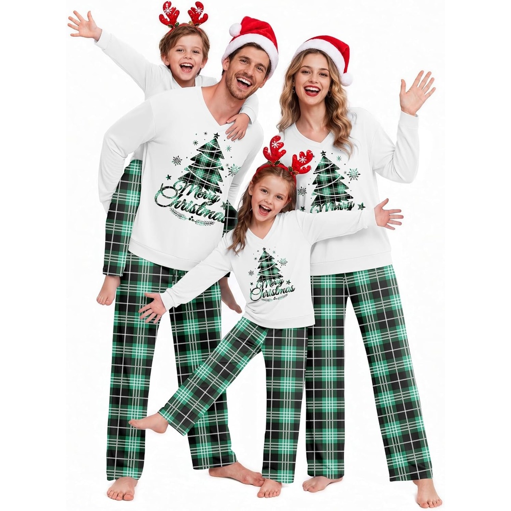 image:imageEkouaer Family Christmas Pajamas Matching Sets Couple Pjs Holiday SleepwearGreen Christmas Plaid