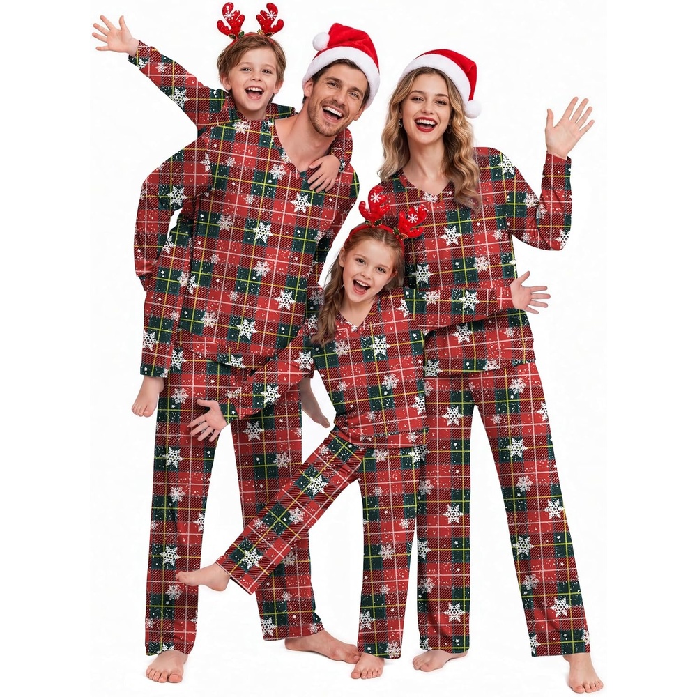 image:imageEkouaer Family Christmas Pajamas Matching Sets Couple Pjs Holiday SleepwearRed Green Plaid Snowflake