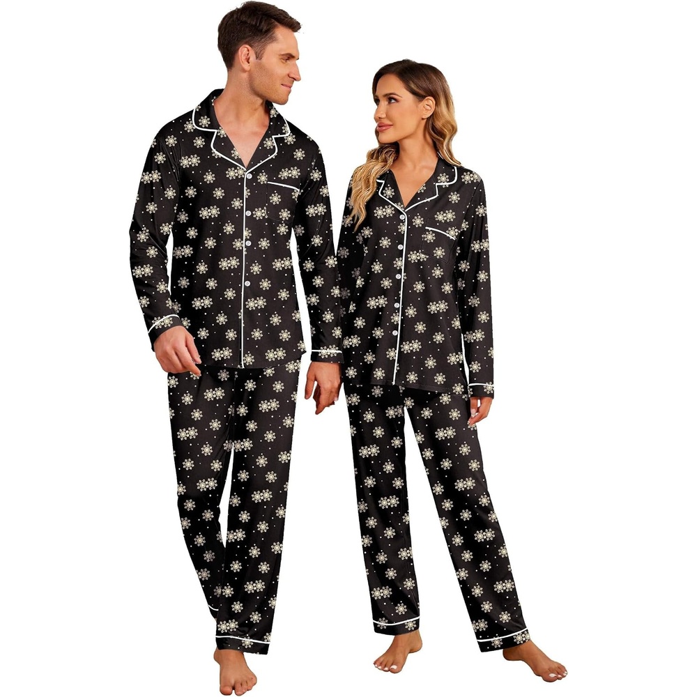 image:imageEkouaer Matching Christmas Pajamas For Couples Festival Party LoungewearBlack With Snowflakes