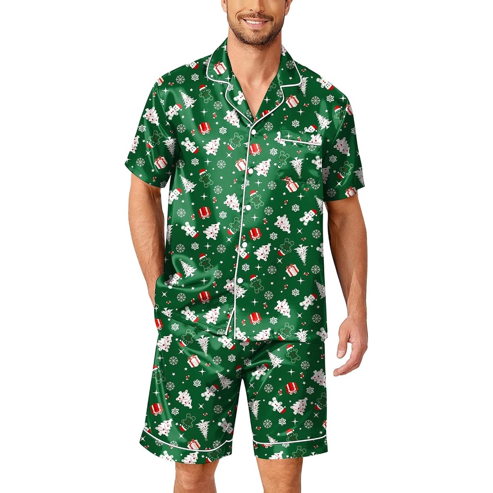 image:imageEkouaer Mens Pajamas Set Silk Satin Pjs Short Sleeve Button Up Lounge SetsXmas Green