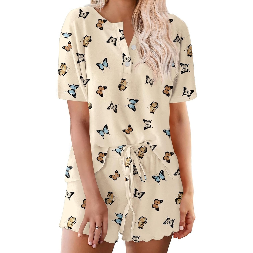 image:imageEkouaer Pajamas Set for Women Short Sleeve Lounge Set 2 Piece Soft Cute PjsBeige Butterfly