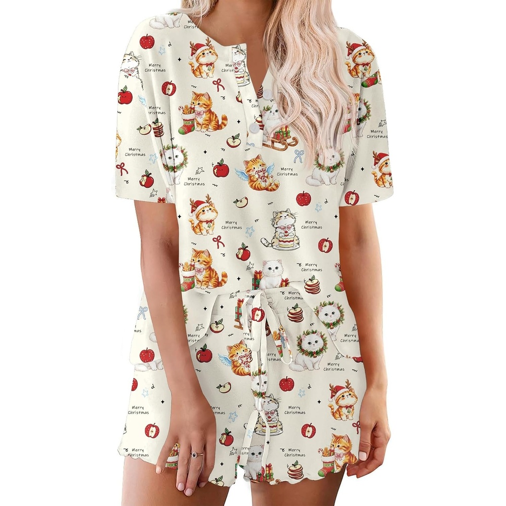 image:imageEkouaer Pajamas Set for Women Short Sleeve Lounge Set 2 Piece Soft Cute PjsBeige Cat