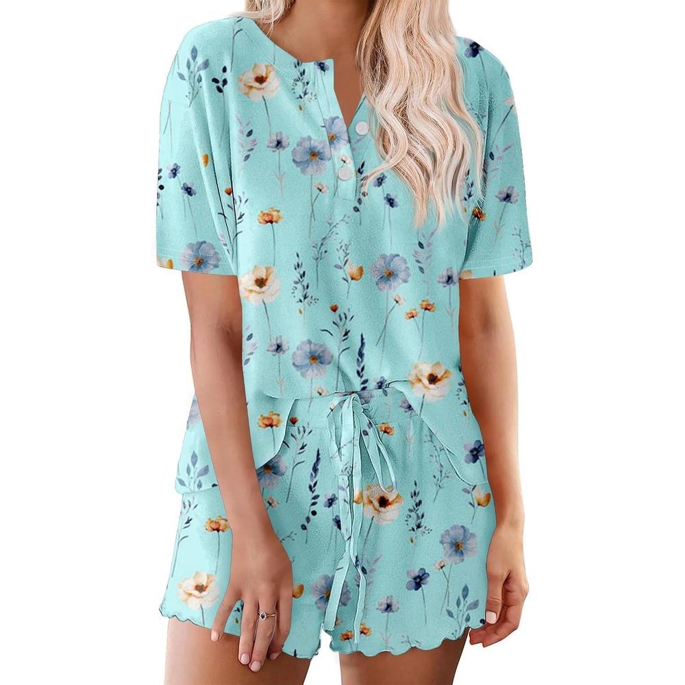 image:imageEkouaer Pajamas Set for Women Short Sleeve Lounge Set 2 Piece Soft Cute PjsBlue Flower