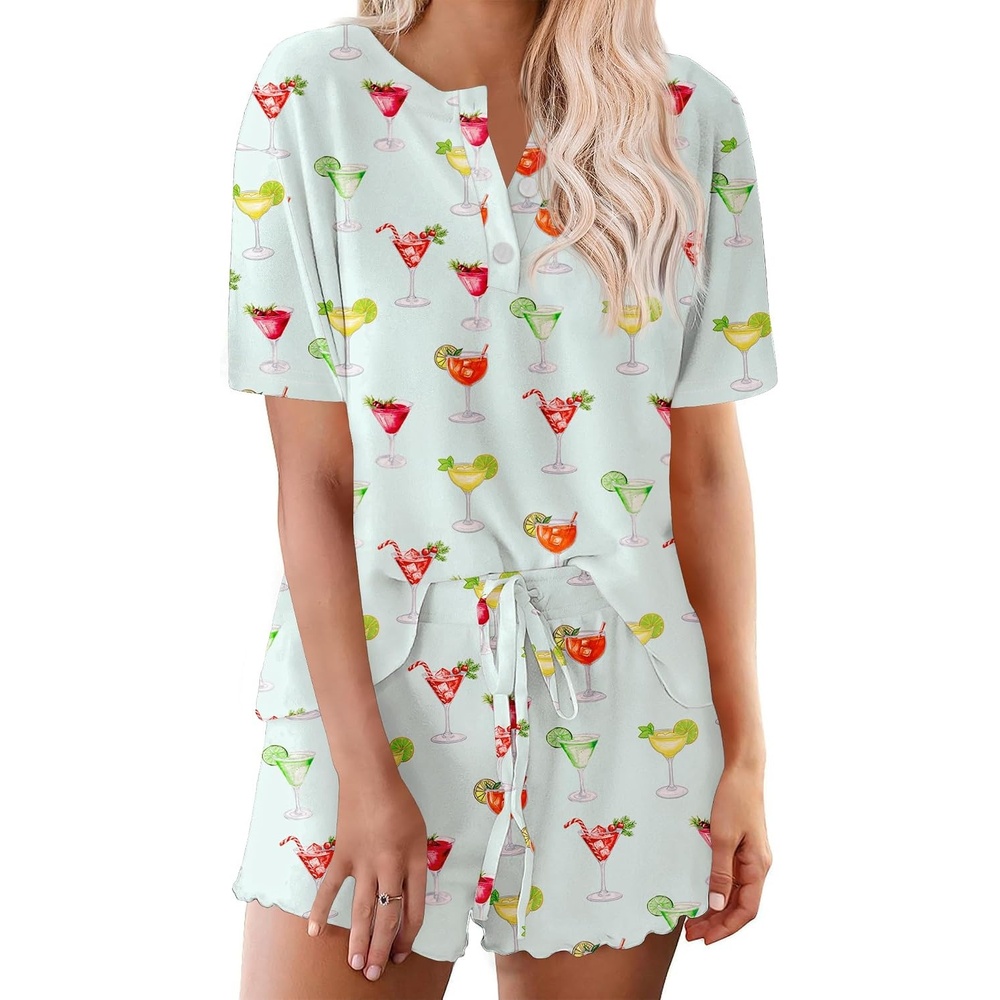 image:imageEkouaer Pajamas Set for Women Short Sleeve Lounge Set 2 Piece Soft Cute PjsGreen Cocktail Glass