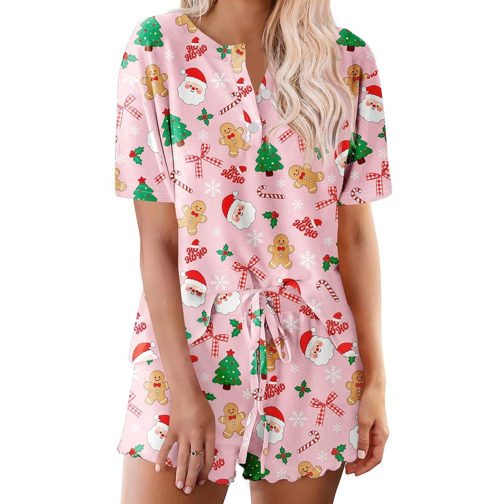 image:imageEkouaer Pajamas Set for Women Short Sleeve Lounge Set 2 Piece Soft Cute PjsPink Christmas Print