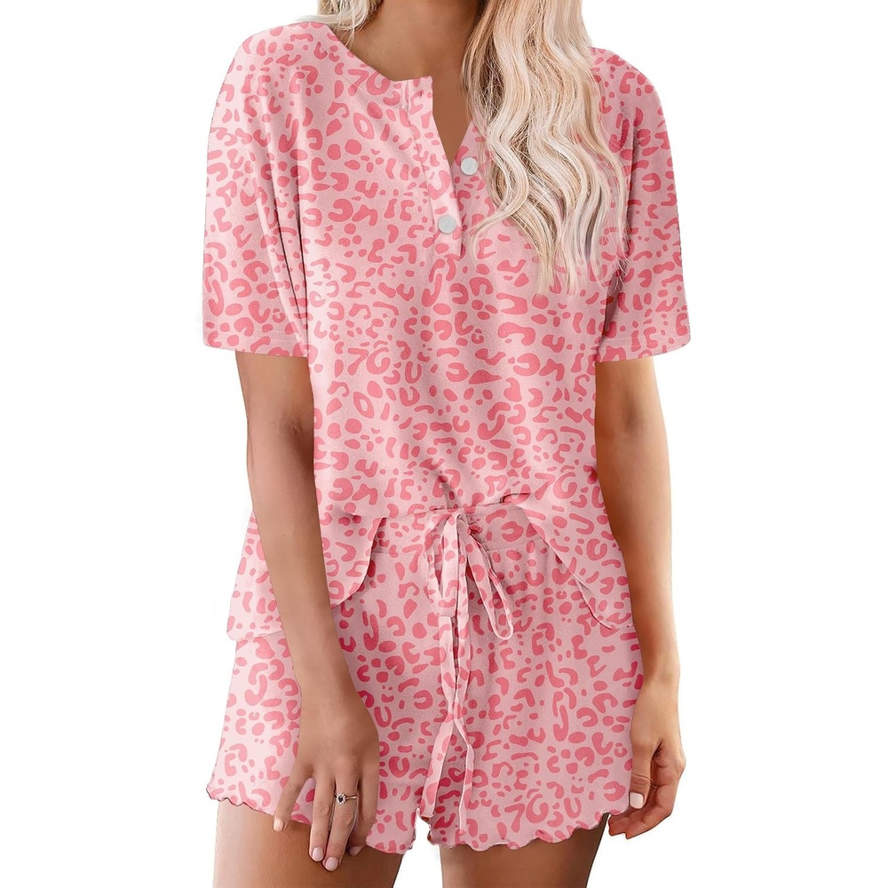 image:imageEkouaer Pajamas Set for Women Short Sleeve Lounge Set 2 Piece Soft Cute PjsPink Heart Leopard