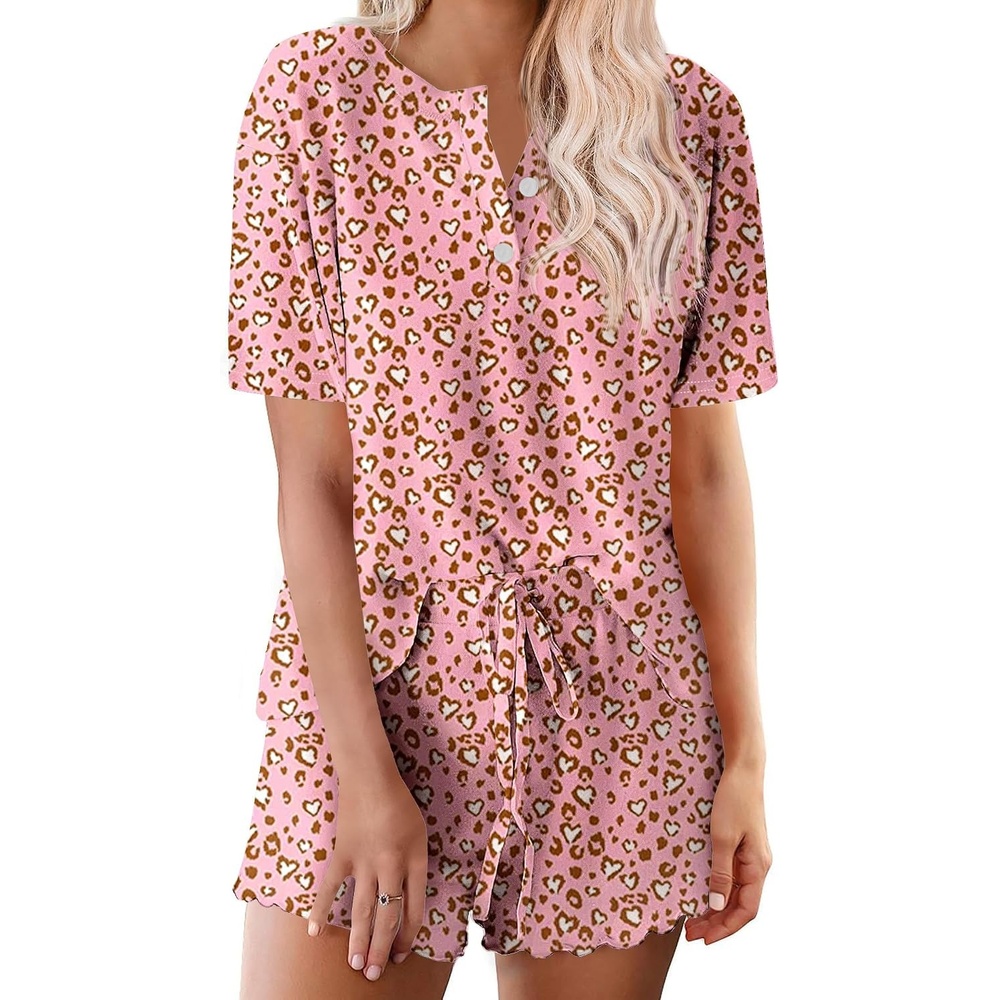 image:imageEkouaer Pajamas Set for Women Short Sleeve Lounge Set 2 Piece Soft Cute PjsPink Leopard