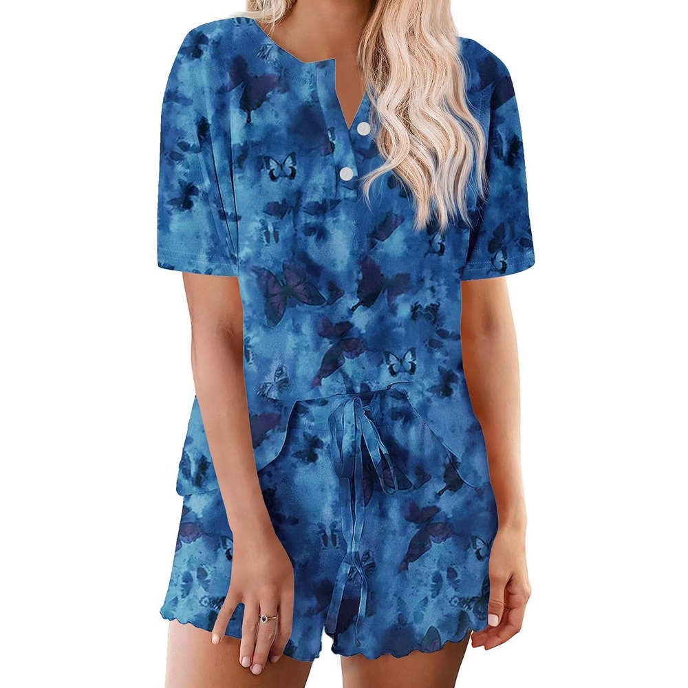 image:imageEkouaer Pajamas Set for Women Short Sleeve Lounge Set 2 Piece Soft Cute PjsTie Dye Blue Butterfly