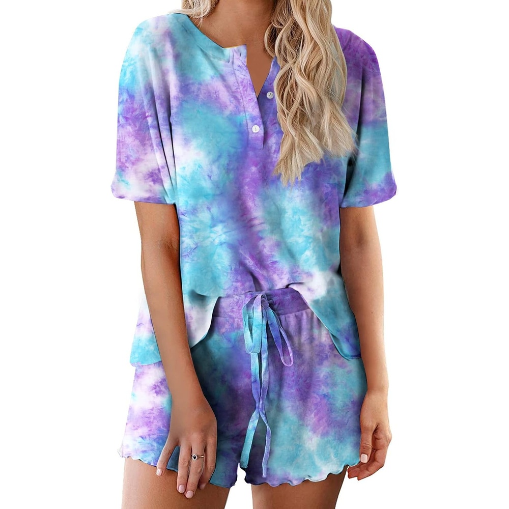 image:imageEkouaer Pajamas Set for Women Short Sleeve Lounge Set 2 Piece Soft Cute PjsTie Dye Blue and Purple