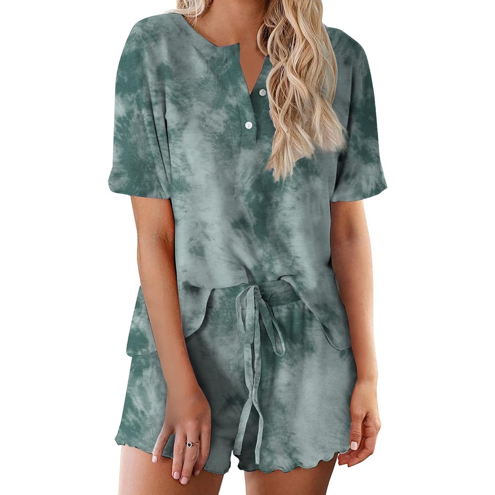 image:imageEkouaer Pajamas Set for Women Short Sleeve Lounge Set 2 Piece Soft Cute PjsTie Dye Dark Green