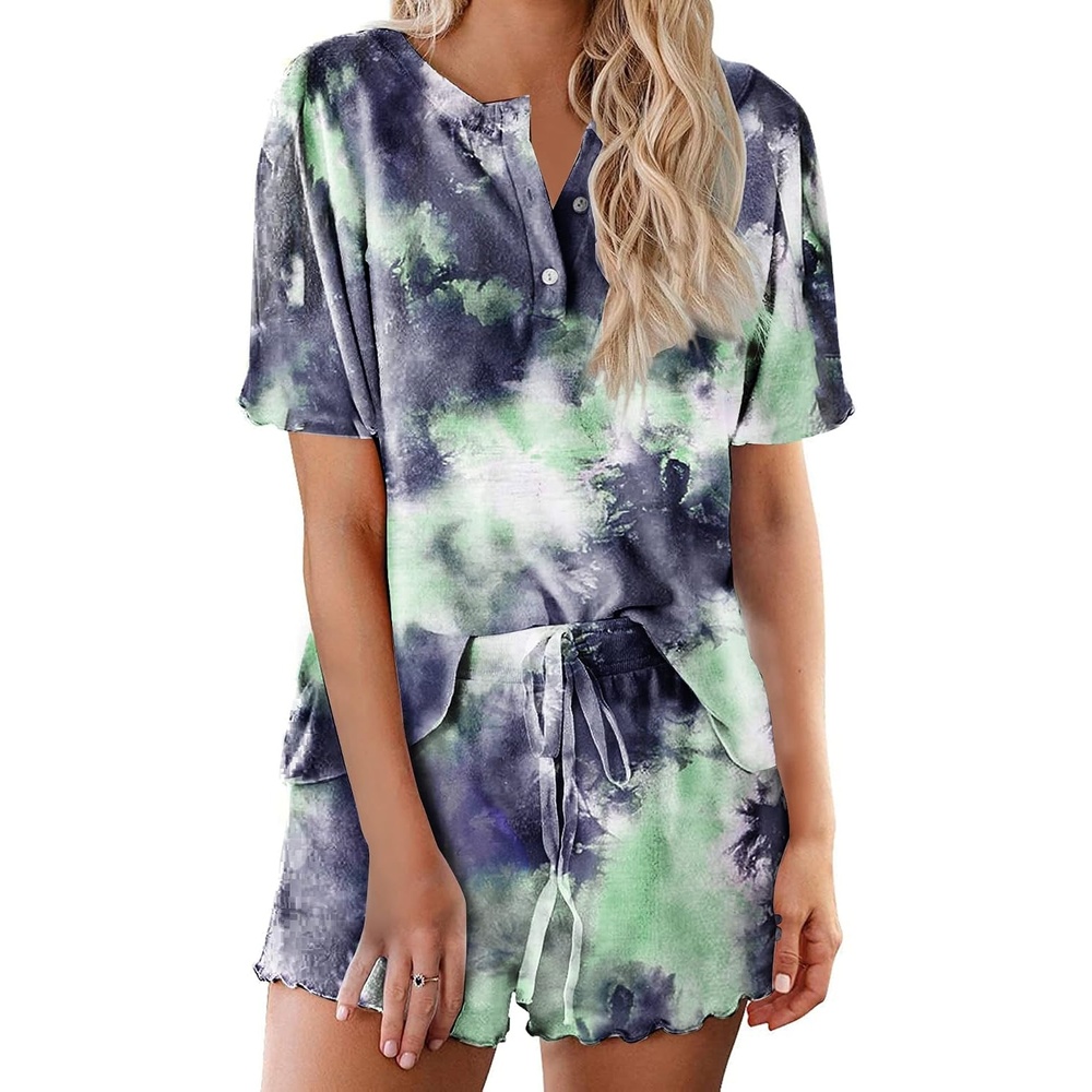 image:imageEkouaer Pajamas Set for Women Short Sleeve Lounge Set 2 Piece Soft Cute PjsTie Dye Green Grey