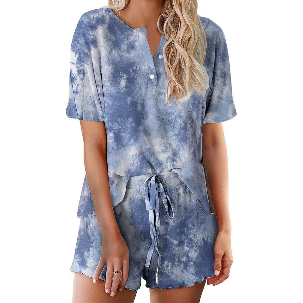 image:imageEkouaer Pajamas Set for Women Short Sleeve Lounge Set 2 Piece Soft Cute PjsTie Dye Grey Blue