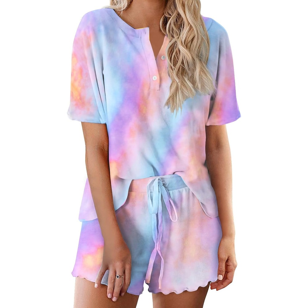 image:imageEkouaer Pajamas Set for Women Short Sleeve Lounge Set 2 Piece Soft Cute PjsTie Dye Purple Blue