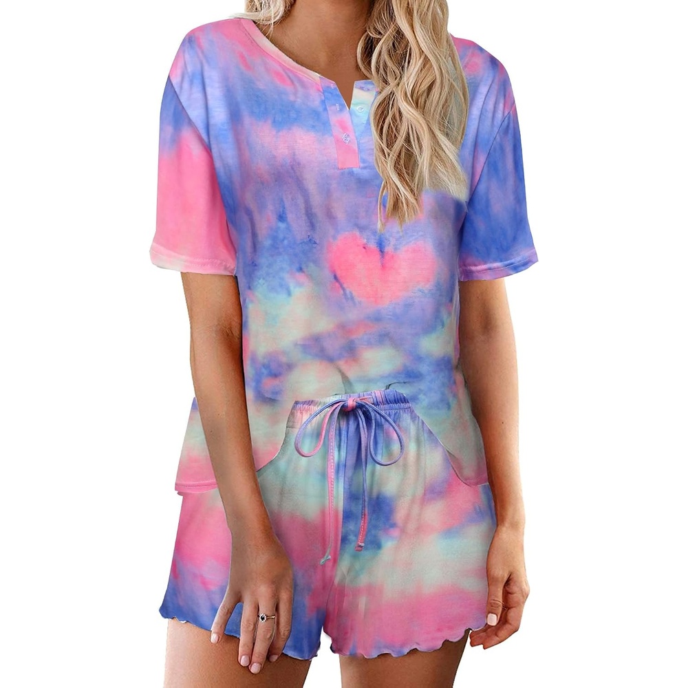 image:imageEkouaer Pajamas Set for Women Short Sleeve Lounge Set 2 Piece Soft Cute PjsTie Dye Rainbow