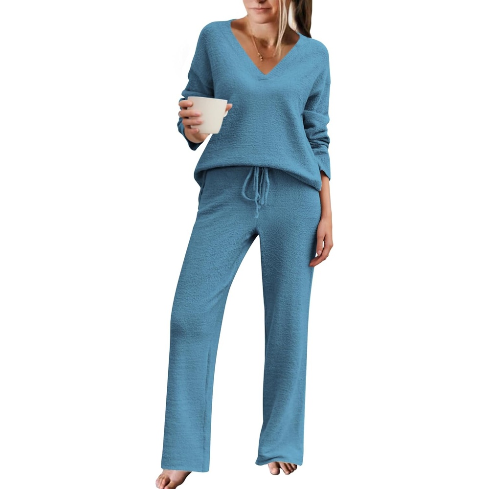 image:imageEkouaer Pajamas for Women 2 Piece Lounge Set Fuzzy Fleece Long Sleeve PjsBlue