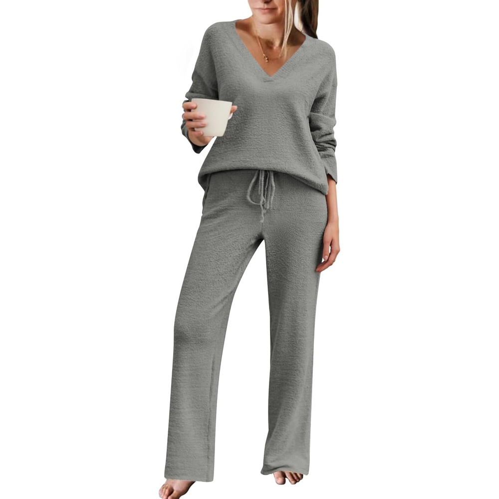 image:imageEkouaer Pajamas for Women 2 Piece Lounge Set Fuzzy Fleece Long Sleeve PjsDark Gray