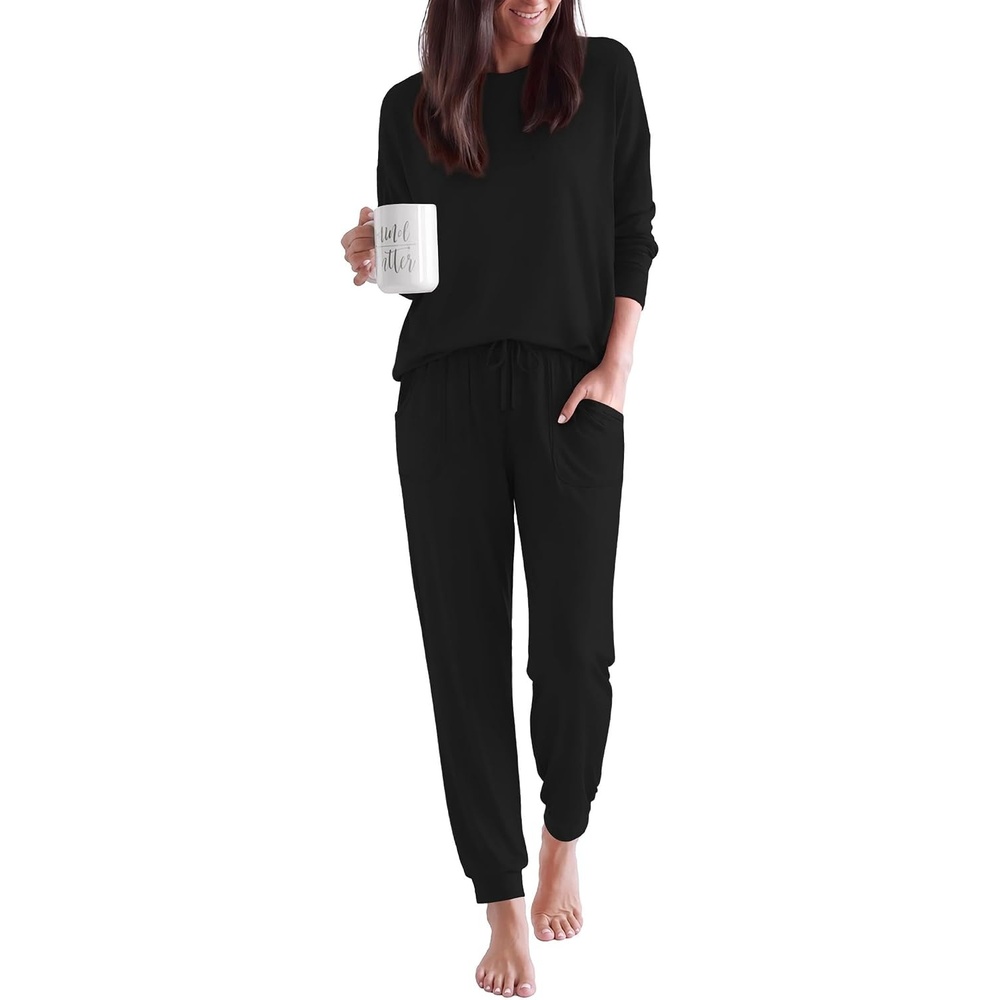 image:imageEkouaer Pajamas for Women Set 2 Piece Long Sleeve Pjs Casual Lounge SetsBlack