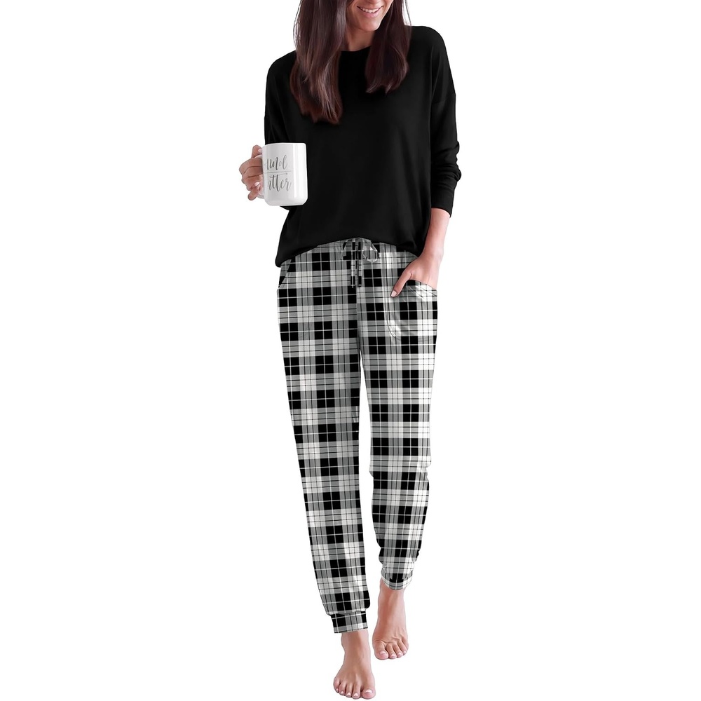 image:imageEkouaer Pajamas for Women Set 2 Piece Long Sleeve Pjs Casual Lounge SetsBlack Plaid