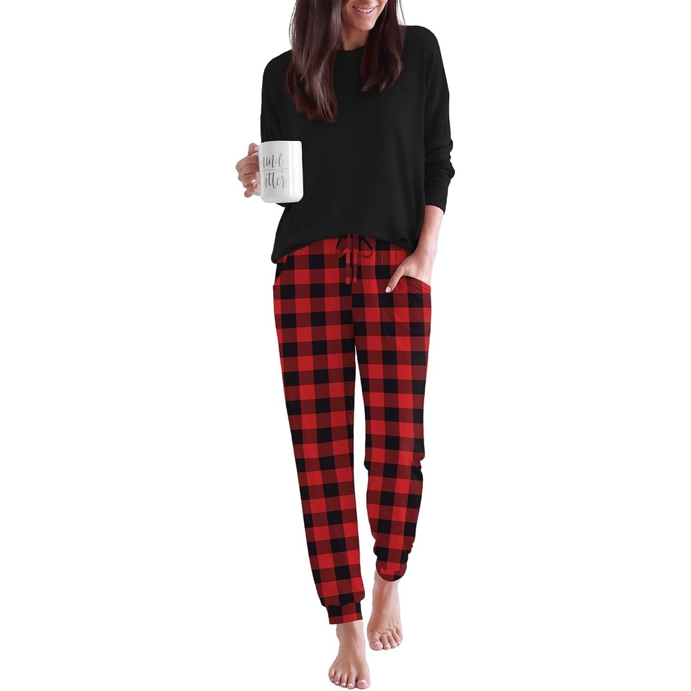 image:imageEkouaer Pajamas for Women Set 2 Piece Long Sleeve Pjs Casual Lounge SetsBlack Red Plaid