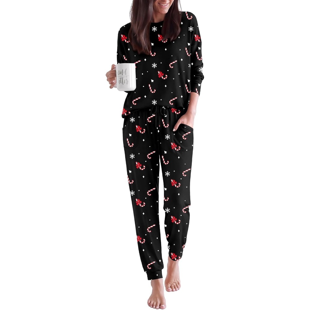 image:imageEkouaer Pajamas for Women Set 2 Piece Long Sleeve Pjs Casual Lounge SetsChristmas Black Candy