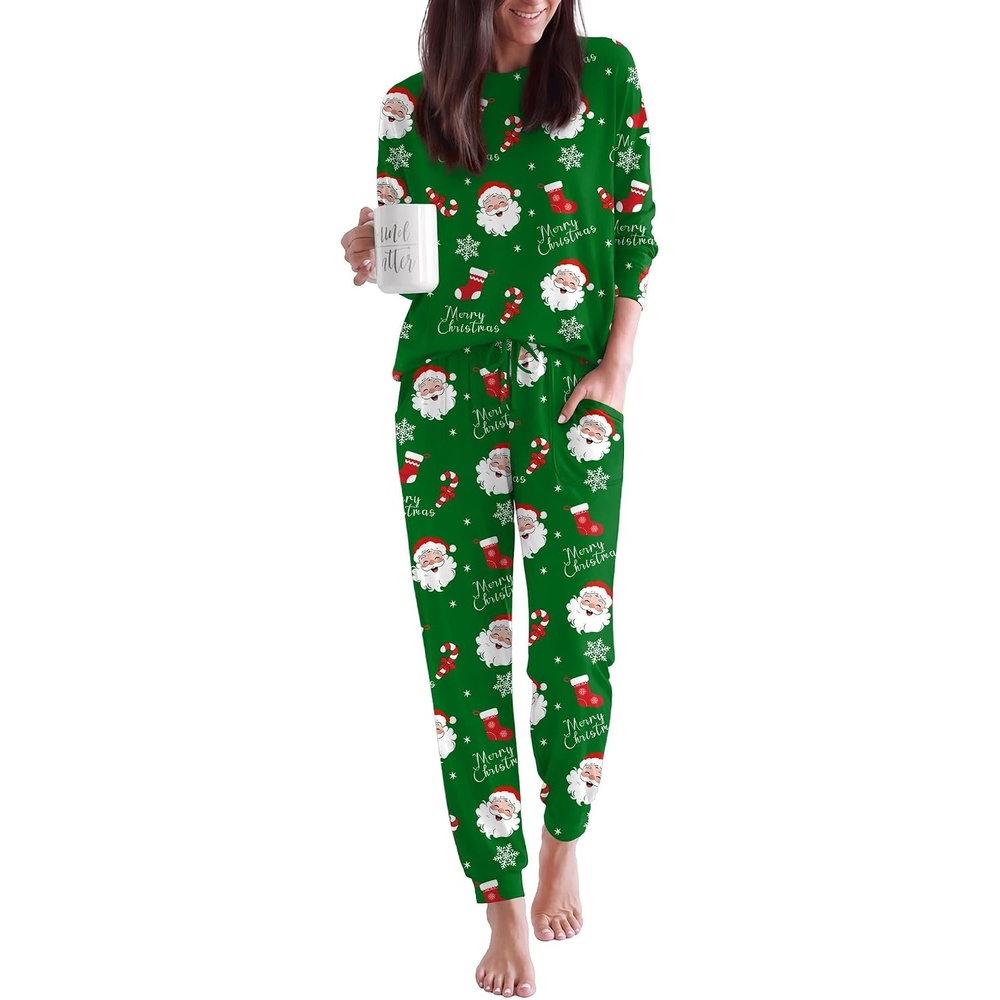 image:imageEkouaer Pajamas for Women Set 2 Piece Long Sleeve Pjs Casual Lounge SetsChristmas Green Santa Claus