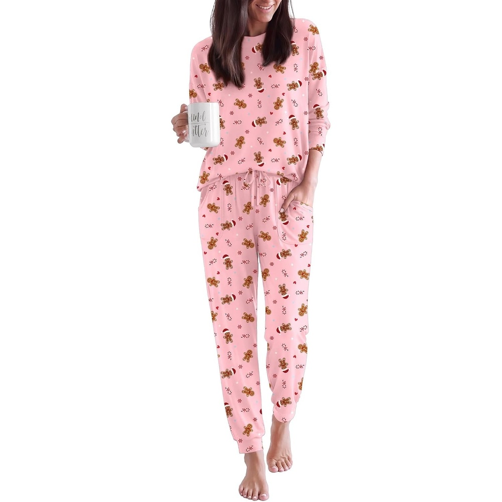 image:imageEkouaer Pajamas for Women Set 2 Piece Long Sleeve Pjs Casual Lounge SetsChristmas Pink Gingerbread Man