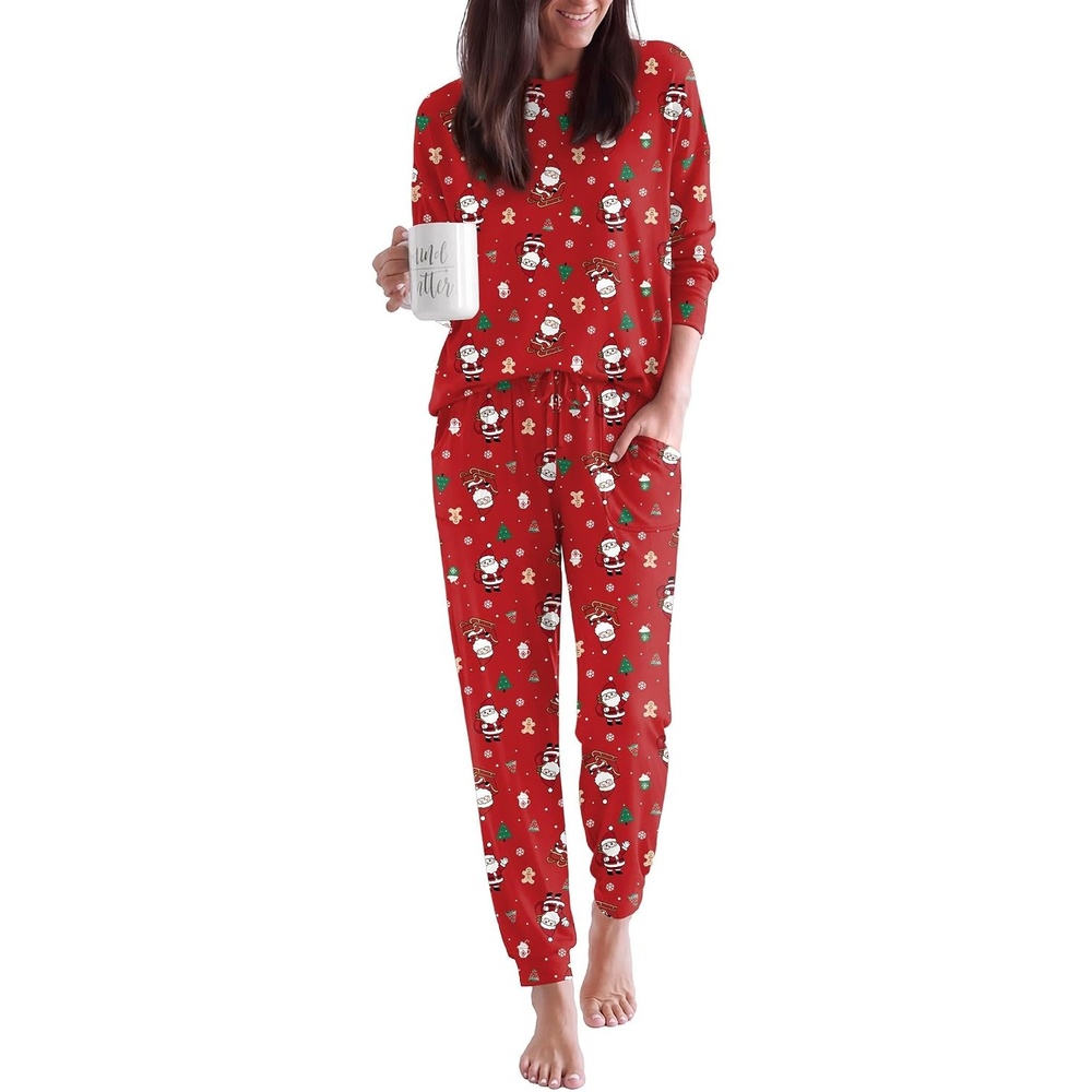 image:imageEkouaer Pajamas for Women Set 2 Piece Long Sleeve Pjs Casual Lounge SetsChristmas Red Santa Claus Sled