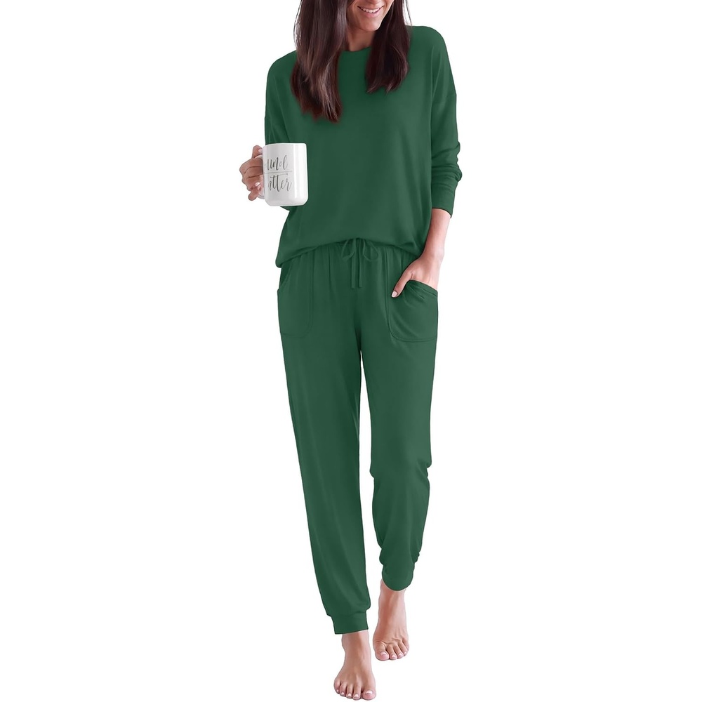 image:imageEkouaer Pajamas for Women Set 2 Piece Long Sleeve Pjs Casual Lounge SetsDark Green